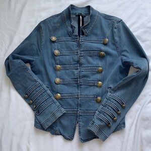 Free People Blue Distressed Denim Military Jean Jacket Cotton Blend Womens Large